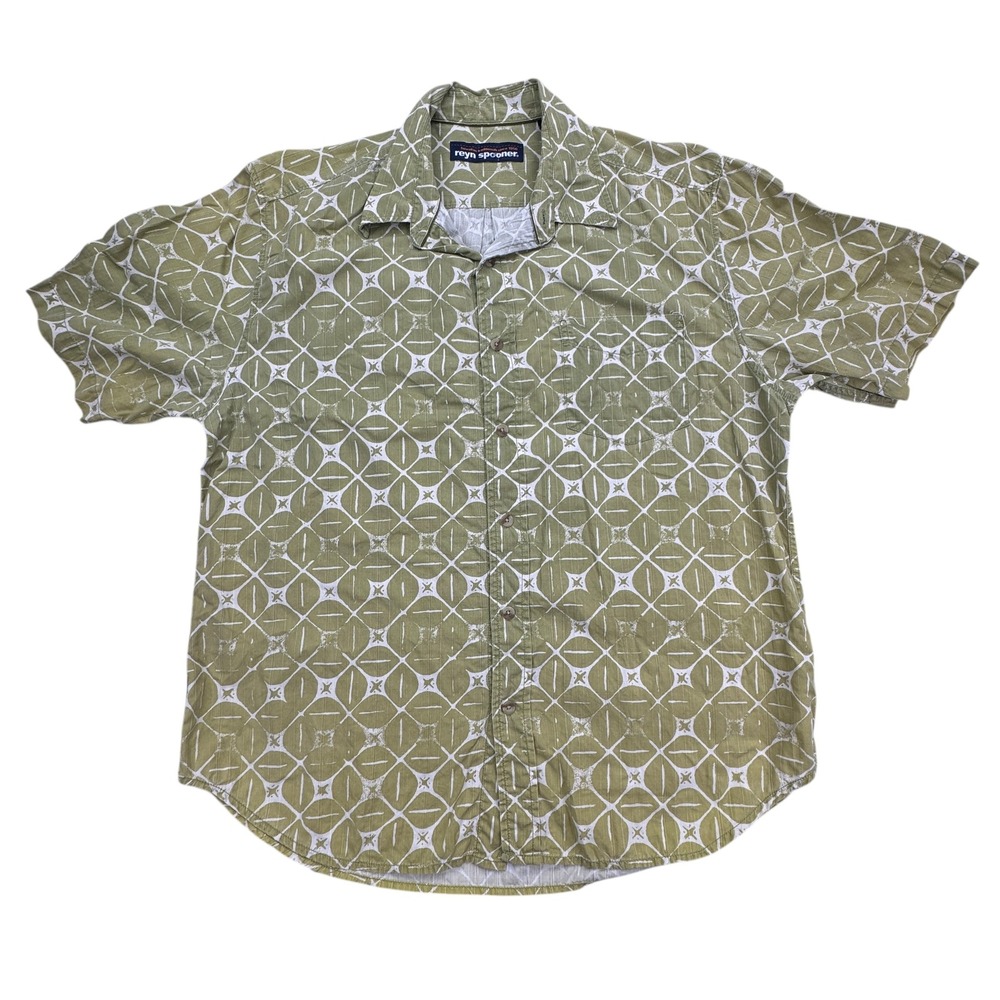 Reyn Spooner Button Up Shirt Mens M Green Geometric Print Short Sleeve Hawaiian